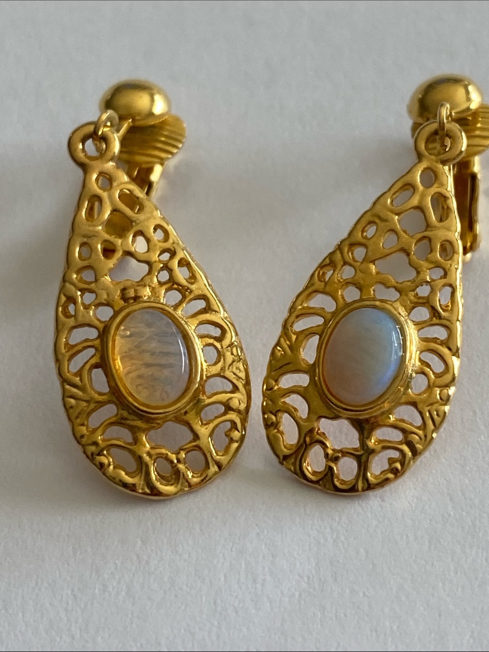 Elizabeth Farrell Gold Filigree Teardrop Clip-On Earrings with genuine Opal.